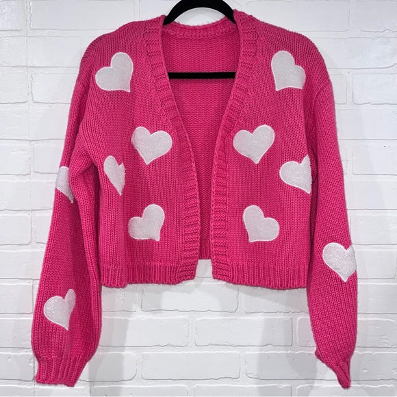 Sweaters - Pink with White Hearts Cardigan Barbie Sweater Valentine’s Day Scandi Girl